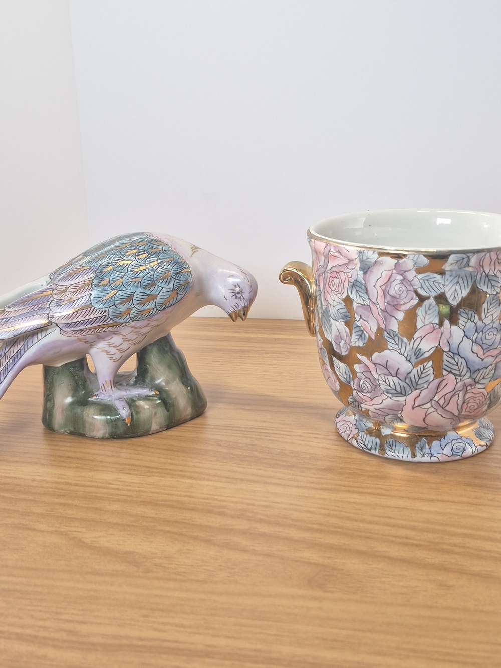 Vintage Toyo Pastel Floral Urn Vase & Perched Bird Figurine Set Chinoiserie